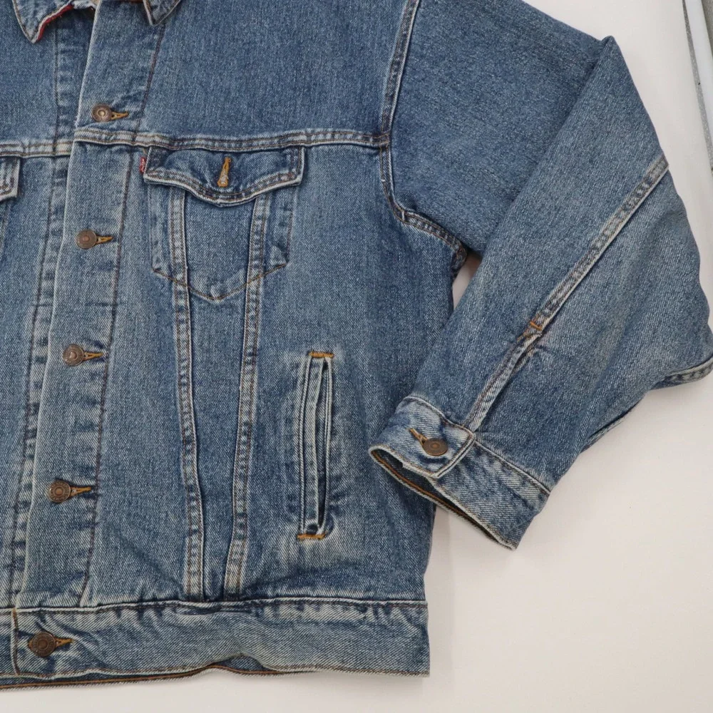 Levi's Denim Trucker Jacket Mens Large Blue Plaid Lined Made‎ in USA 70427